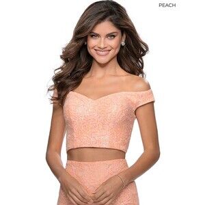 LA FEMME Sequin Lace Off Shoulder (TOP ONLY) Size 00 Peach Prom Party NEW B73